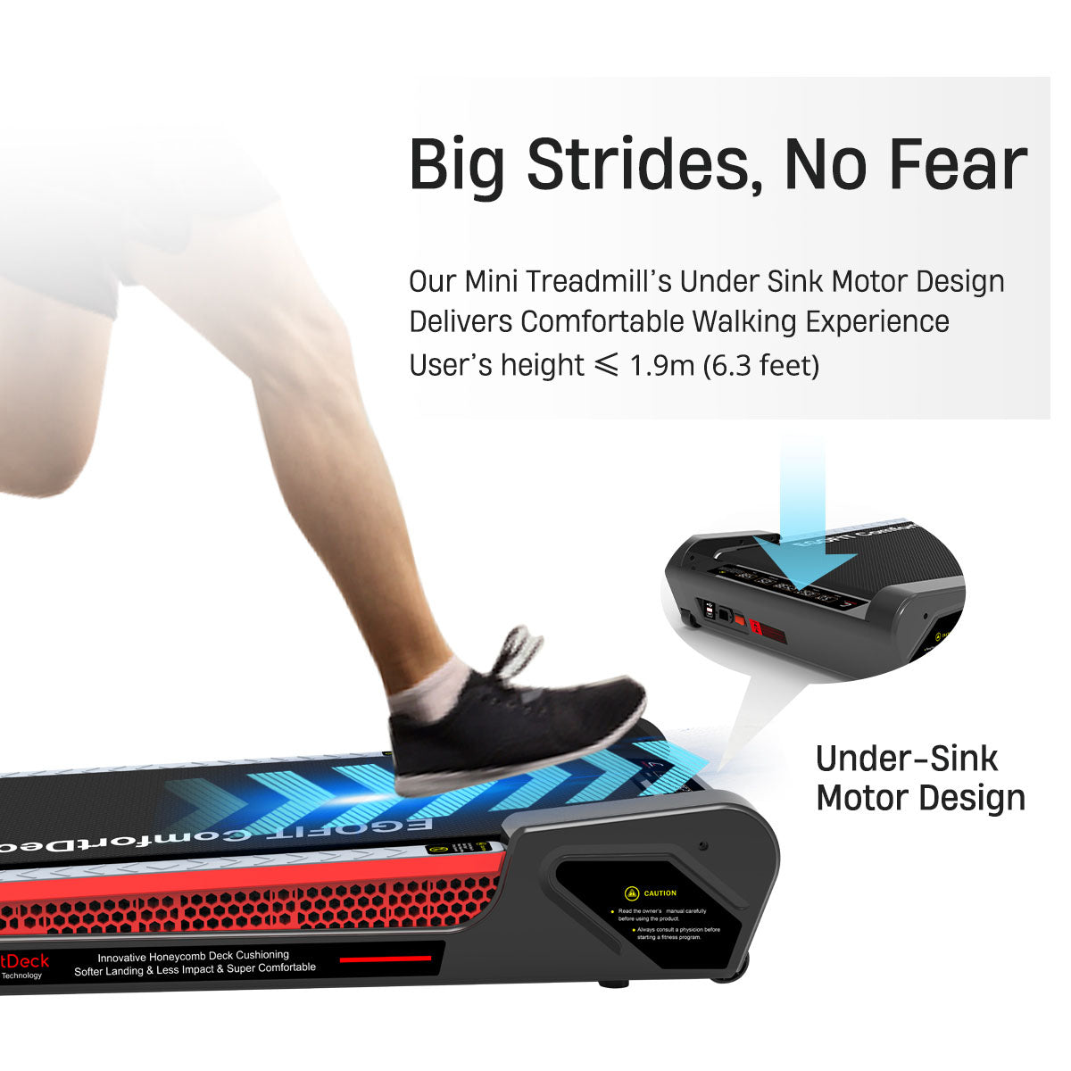 Under-sink motor design of Egofit ComfortDeck-M2 gray treadmill - powerful and compact