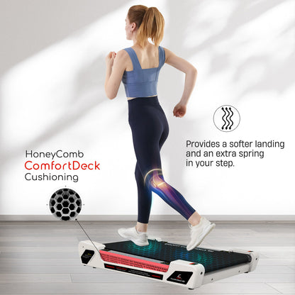 Model demonstrating benefits of Honey Comb Deck Cushioning on Egofit ComfortDeck-M2 pearl white treadmill