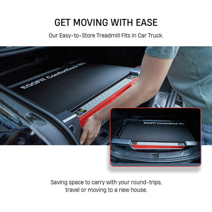 Portable Egofit ComfortDeck-M2 gray treadmill fits easily in car trunk for travel or round trips