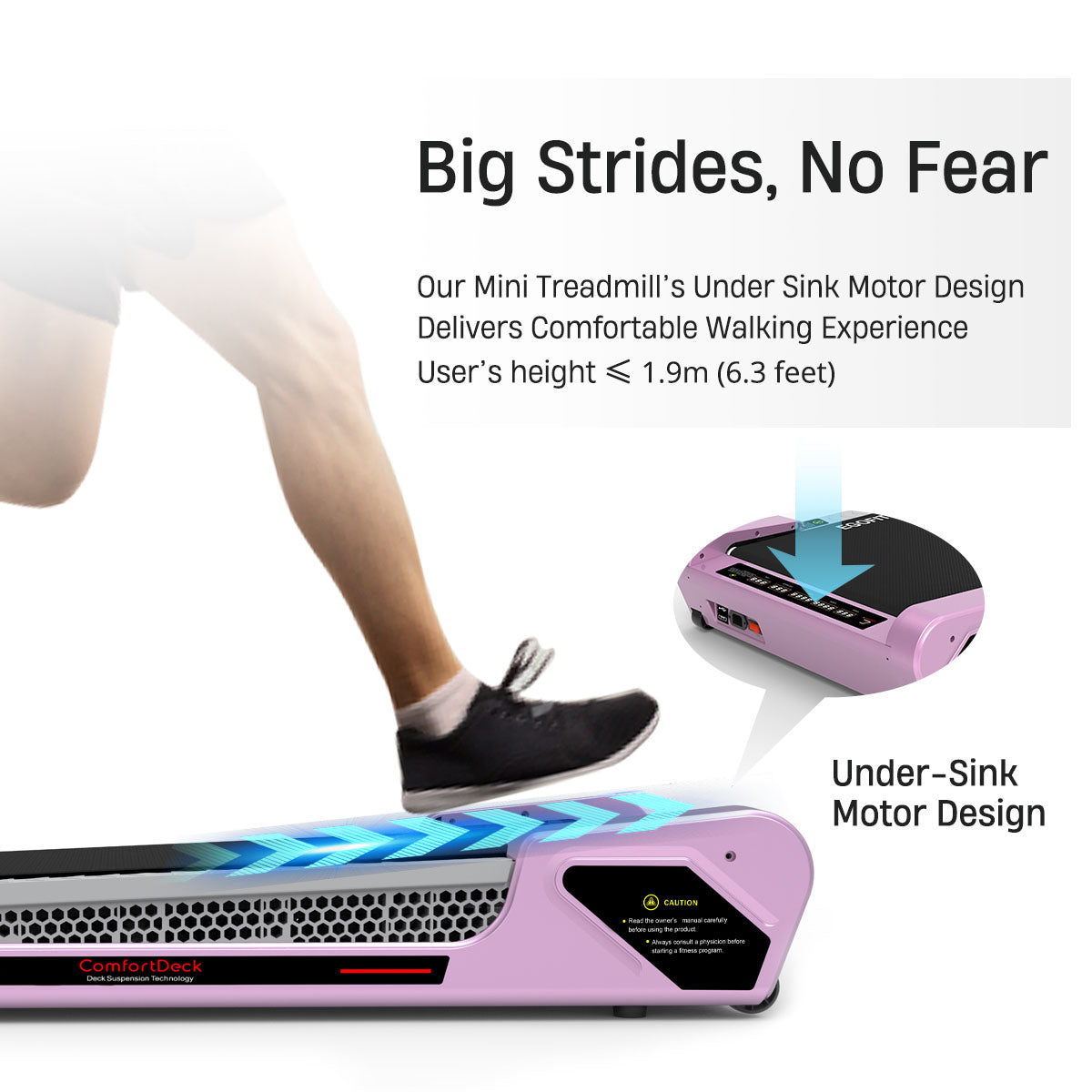 Under-sink motor design of Egofit ComfortDeck-M2 sakura pink treadmill - powerful and compact